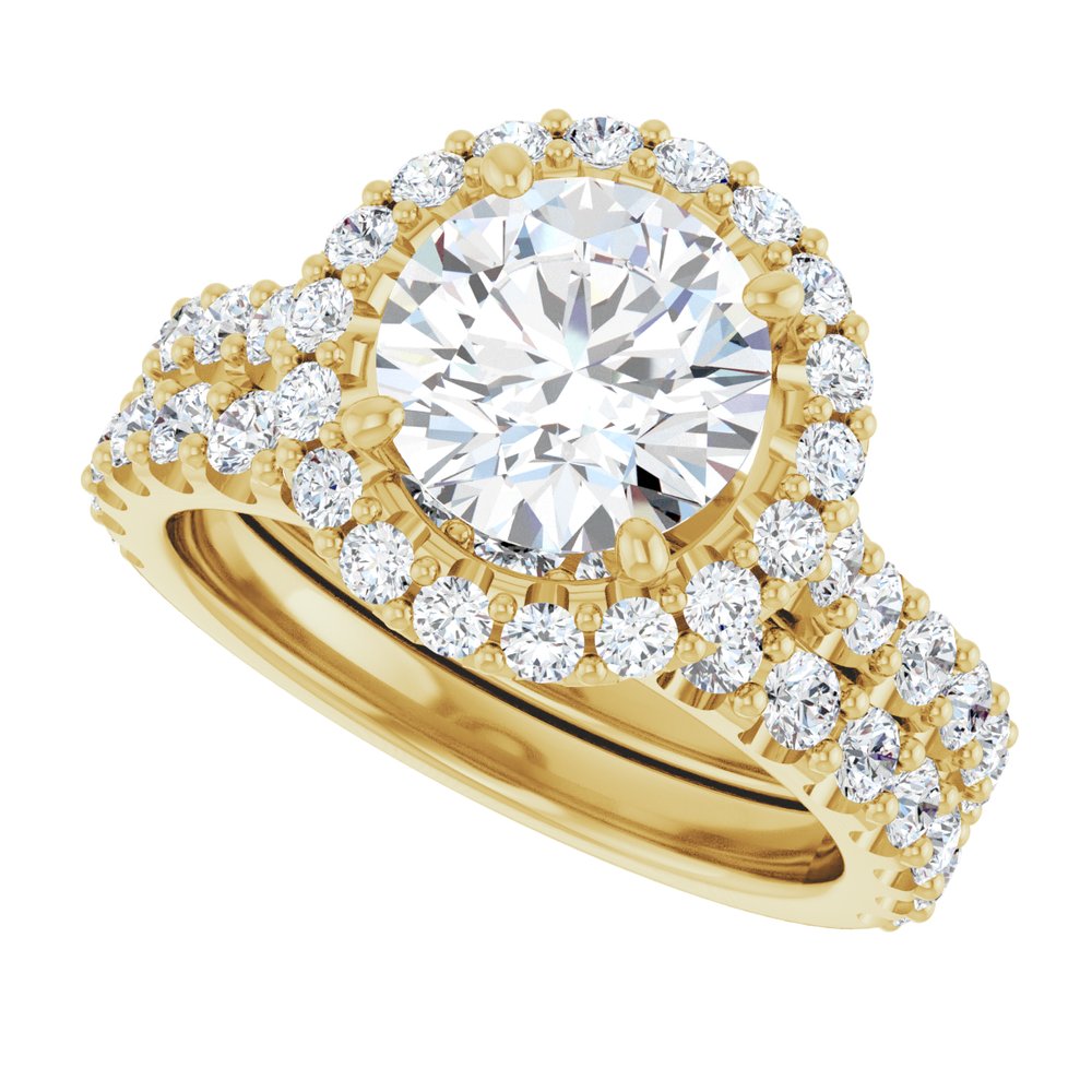 14K Gold Round Brilliant Cut Diamond Halo Engagement Ring with Matching Band 14K Gold Round Brilliant Cut Diamond Halo Engagement Ring with Matching Band