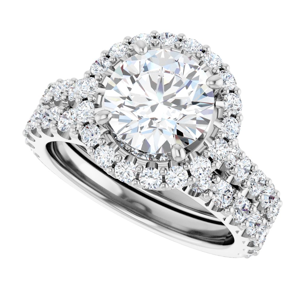 14K Gold Round Brilliant Cut Diamond Halo Engagement Ring with Matching Band 14K Gold Round Brilliant Cut Diamond Halo Engagement Ring with Matching Band