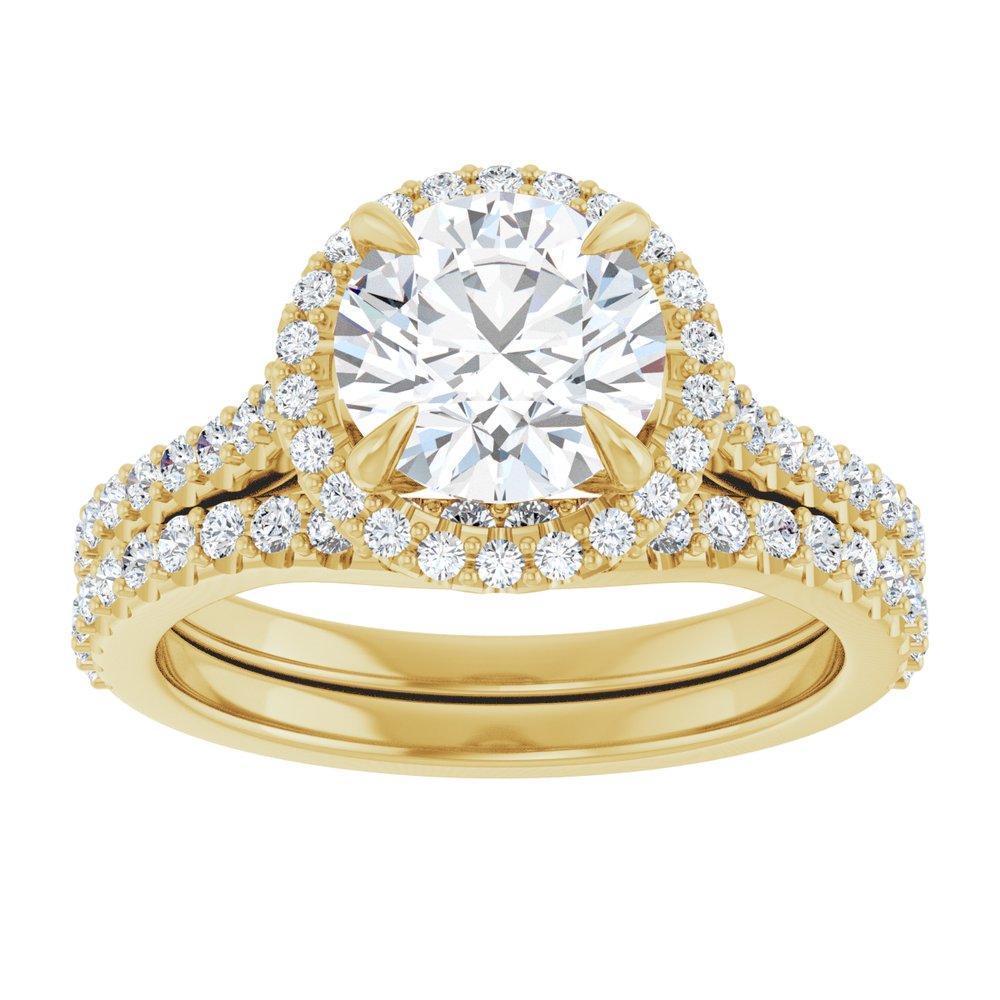 14K Gold Round Cut Halo Diamond Engagement Ring with Hidden Bezel and Matching Pavé Band 14K Gold Round Cut Halo Diamond Engagement Ring with Hidden Bezel and Matching Pavé Band