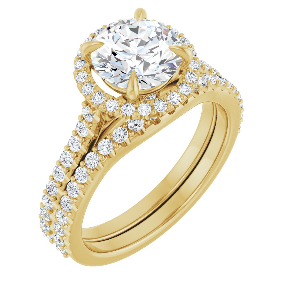 14K Gold Round Cut Halo Diamond Engagement Ring with Hidden Bezel and Matching Pavé Band 14K Gold Round Cut Halo Diamond Engagement Ring with Hidden Bezel and Matching Pavé Band
