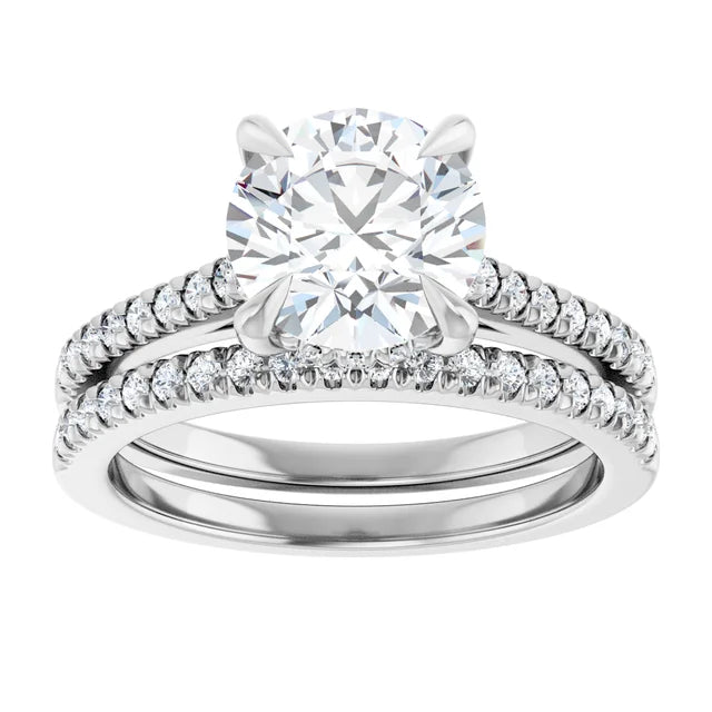 14K Gold Round Cut Solitaire Diamond Hidden Halo Engagement Ring with Matching Pavé Band 14K Gold Round Cut Solitaire Diamond Hidden Halo Engagement Ring with Matching Pavé Band