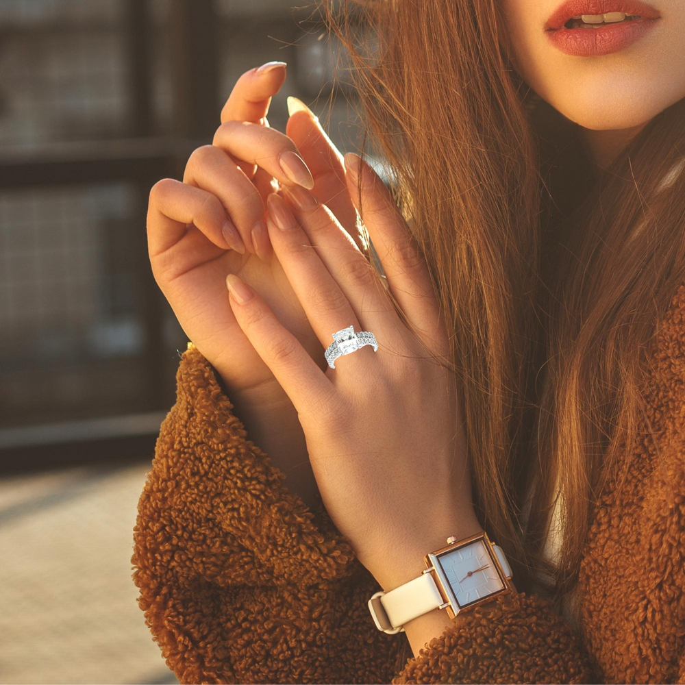 14K White Gold Diamond Cushion and Round Cut Engagement Ring (1.00 ct) 14K White Gold Diamond Cushion and Round Cut Engagement Ring (1.00 ct)