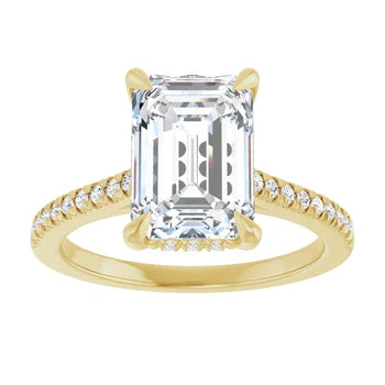 14K White Gold Emerald-Cut Solitaire Diamond Pavé Engagement Ring with Hidden Halo
