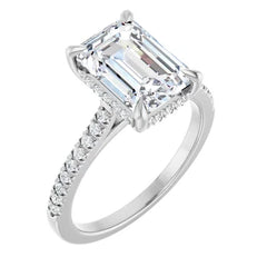 14K White Gold Emerald-Cut Solitaire Diamond Pavé Engagement Ring with Hidden Halo 14K White Gold Emerald-Cut Solitaire Diamond Pavé Engagement Ring with Hidden Halo