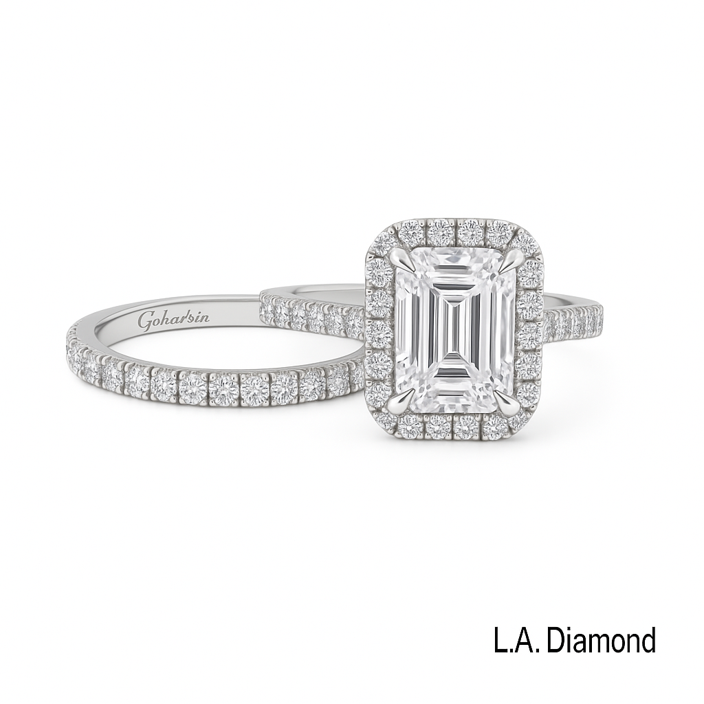 14K White Gold Emerald Cut Diamond Halo Engagement Ring (3.80 ct) 14K White Gold Emerald Cut Diamond Halo Engagement Ring (3.80 ct)