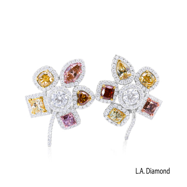 14K White Gold Flower Diamond Multi-Color Stud Earrings - E-00112