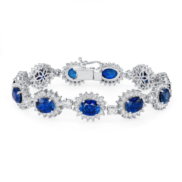 14K White Gold Oval Sapphire & Diamond Cluster Bracelet (13.50 ct) - bc5029