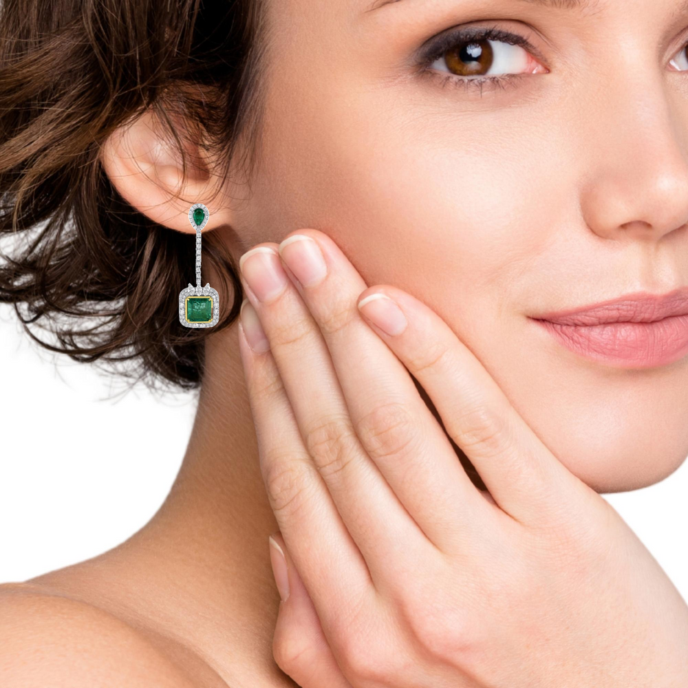 14K White Gold Diamond And Cushion Emerald Accent Drop Earrings - LA DIAMOND