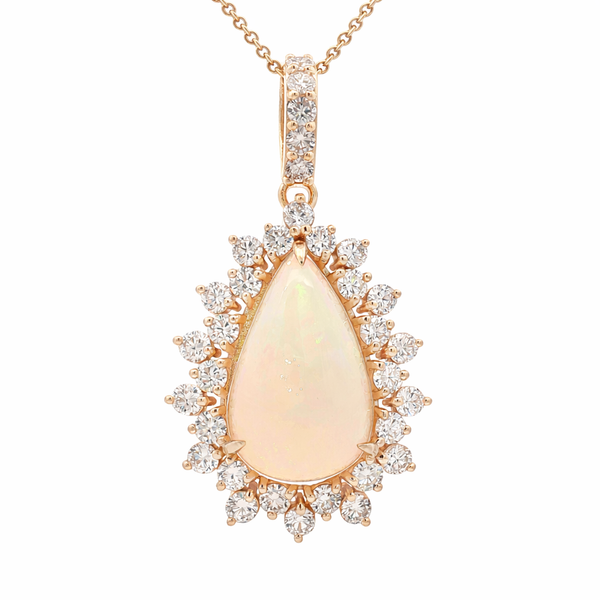 Elegant 14K Yellow Gold Opal & Diamond Pear Halo Pendant Necklace | 15.08 CT Opal, 5.30 CT Diamonds - PC83