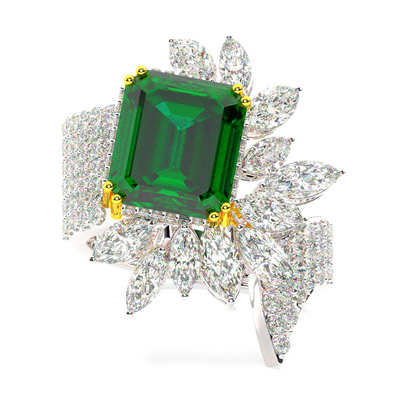 18K White Gold Diamond with Emerald-Cut Emerald Center Ring