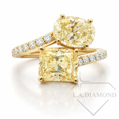 Fancy Yellow Diamond Toi et Moi Ring in 14K Yellow Gold| Pave Accent Diamonds | 3.80ct Designer Statement
