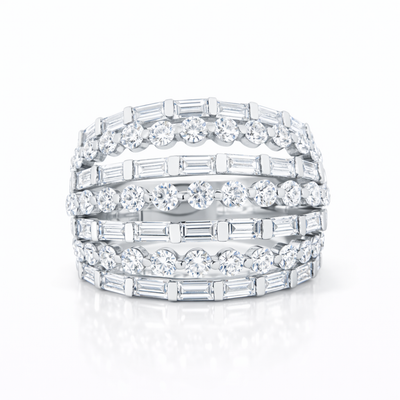18K White Gold Round & Baguette 7-Row Diamond Ring (4.43 ct)
