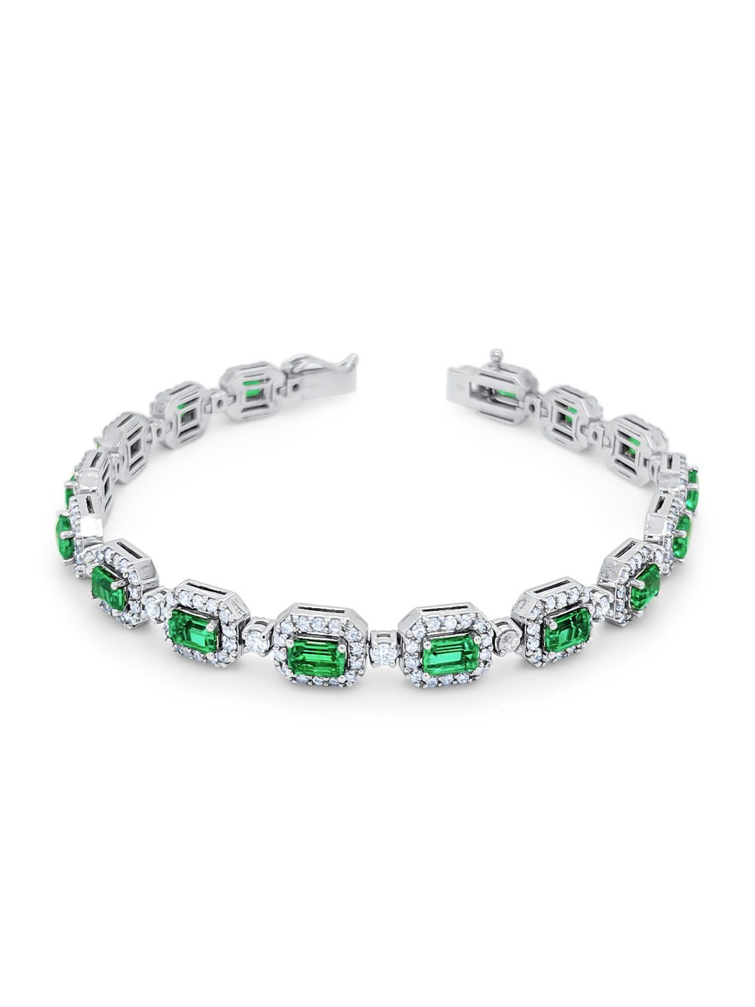 14k White Gold Diamond Radiant Cut Emerald Bracelet 9c