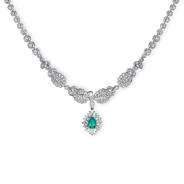 Pear-Shaped Emerald and 3 CT. T.W. Diamond Shadow Frame Necklace in 14K White Gold - LA DIAMOND