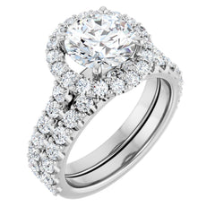 Round Brilliant Cut Diamond Halo Style Engagement Ring with Matching Band - Set on 14k Gold