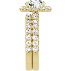 Round Brilliant Cut Diamond Halo Style Engagement Ring with Matching Band - Set on 14k Gold