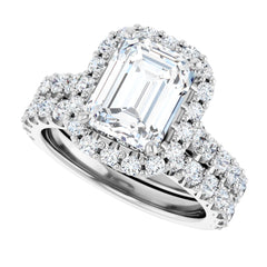 Emerald Cut Diamond Halo Engagement Ring with Matching Pave Band - Set on 14k Gold