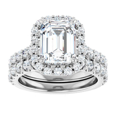 Emerald Cut Diamond Halo Engagement Ring with Matching Pave Band - Set on 14k Gold