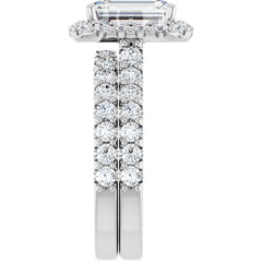 Emerald Cut Diamond Halo Engagement Ring with Matching Pave Band - Set on 14k Gold