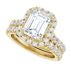 Emerald Cut Diamond Halo Engagement Ring with Matching Pave Band - Set on 14k Gold
