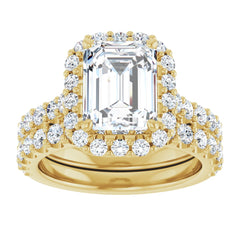 Emerald Cut Diamond Halo Engagement Ring with Matching Pave Band - Set on 14k Gold