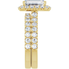 Emerald Cut Diamond Halo Engagement Ring with Matching Pave Band - Set on 14k Gold