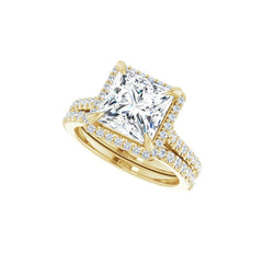 4CT Princess Cut Diamond Halo Engagement Ring with Matching Pave Band - Set on 14k Gold