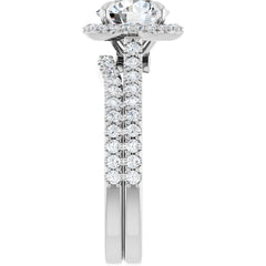 Round Cut Halo Diamond Engagement Ring with Hidden Bezel and Matching Pave Band
