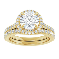 Round Cut Halo Diamond Engagement Ring with Hidden Bezel and Matching Pave Band