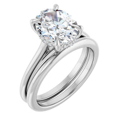 Oval Cut Solitaire Diamond Engagement Ring with Hidden Halo and Matching Band - Set on 14k Gold