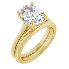 Oval Cut Solitaire Diamond Engagement Ring with Hidden Halo and Matching Band - Set on 14k Gold