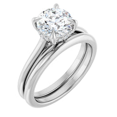 Round Brilliant Cut Solitaire Diamond Engament Ring With Hidden Halo and Matching Band - Set on 14k Gold
