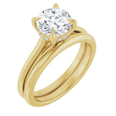 Round Brilliant Cut Solitaire Diamond Engament Ring With Hidden Halo and Matching Band - Set on 14k Gold