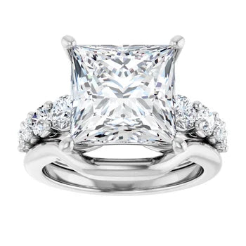 Princess-Cut Solitaire Semi-Mount Engagement Ring with Pave Band and Matching Curved Wedding Band Set in 14K Gold