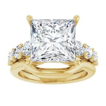 Princess-Cut Solitaire Semi-Mount Engagement Ring with Pave Band and Matching Curved Wedding Band Set in 14K Gold