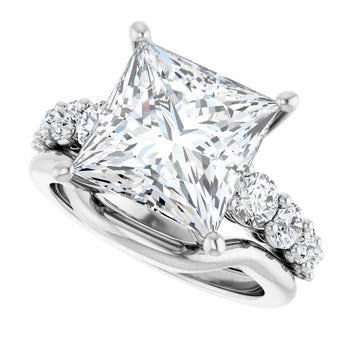 Princess-Cut Solitaire Semi-Mount Engagement Ring with Pave Band and Matching Curved Wedding Band Set in 14K Gold