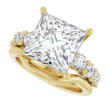 Princess-Cut Solitaire Semi-Mount Engagement Ring with Pave Band and Matching Curved Wedding Band Set in 14K Gold