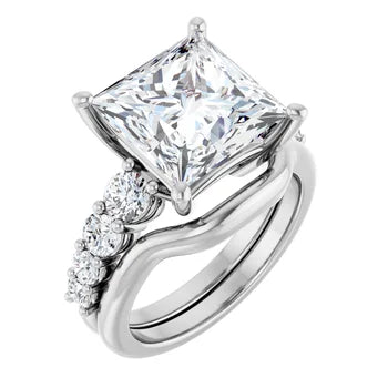 Princess-Cut Solitaire Semi-Mount Engagement Ring with Pave Band and Matching Curved Wedding Band Set in 14K Gold