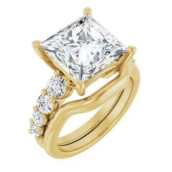 Princess-Cut Solitaire Semi-Mount Engagement Ring with Pave Band and Matching Curved Wedding Band Set in 14K Gold