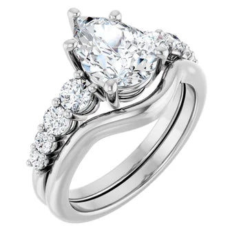 Pear-Cut Solitaire Semi-Mount Engagement Ring with Pave Band and Matching Curved Wedding Band Set in 14K Gold