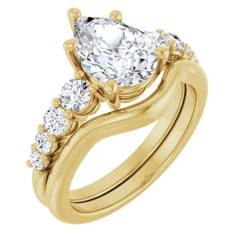 Pear-Cut Solitaire Semi-Mount Engagement Ring with Pave Band and Matching Curved Wedding Band Set in 14K Gold