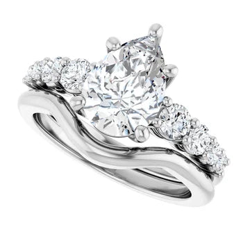Pear-Cut Solitaire Semi-Mount Engagement Ring with Pave Band and Matching Curved Wedding Band Set in 14K Gold