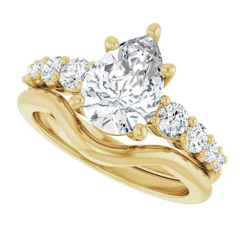 Pear-Cut Solitaire Semi-Mount Engagement Ring with Pave Band and Matching Curved Wedding Band Set in 14K Gold