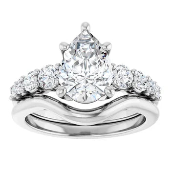 Pear-Cut Solitaire Semi-Mount Engagement Ring with Pave Band and Matching Curved Wedding Band Set in 14K Gold