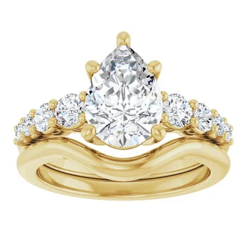 Pear-Cut Solitaire Semi-Mount Engagement Ring with Pave Band and Matching Curved Wedding Band Set in 14K Gold