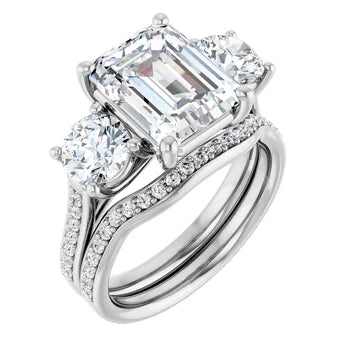 Emerald-Cut 3-Stone Semi-Mount Engagement Ring & Curved Pave Band Set in 14K Gold
