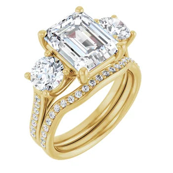 Emerald-Cut 3-Stone Semi-Mount Engagement Ring & Curved Pave Band Set in 14K Gold