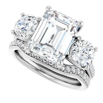 Emerald-Cut 3-Stone Semi-Mount Engagement Ring & Curved Pave Band Set in 14K Gold