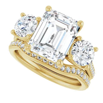 Emerald-Cut 3-Stone Semi-Mount Engagement Ring & Curved Pave Band Set in 14K Gold