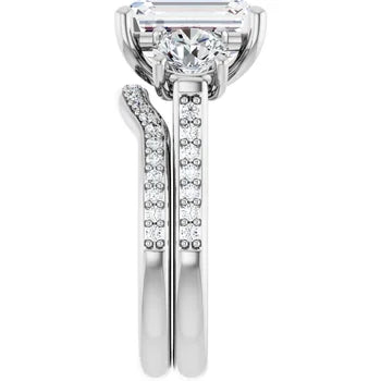 Emerald-Cut 3-Stone Semi-Mount Engagement Ring & Curved Pave Band Set in 14K Gold